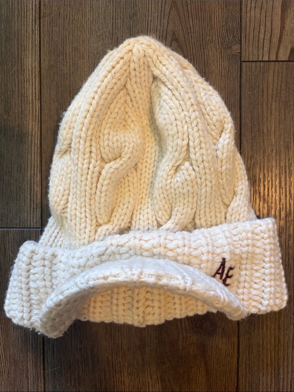 American Eagle Outfitters Cream Cable Knit Beanie with Visor and AE Logo